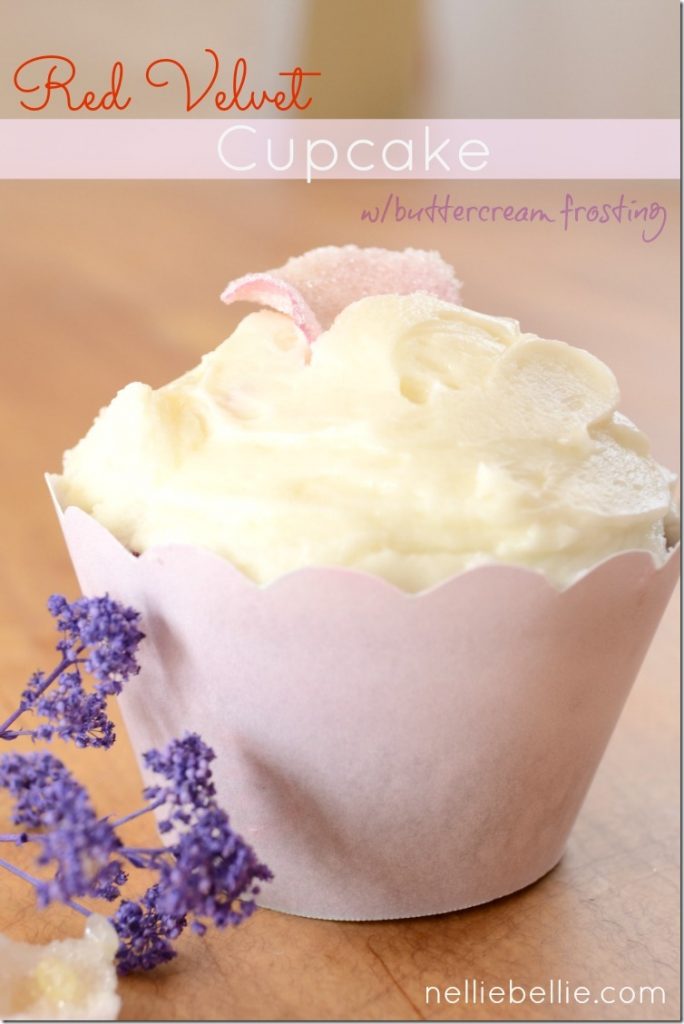 Red Velvet Cupcakes with buttercream frosting. And a tutorial for sugared flower petals. from NellieBellie