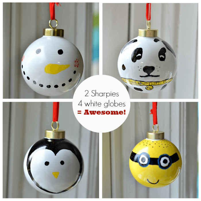 4 white ornaments done 4 different ways with only Sharpies!