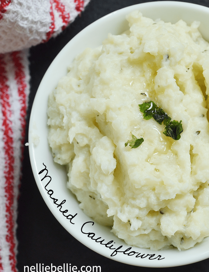 This mashed cauliflower is so delicious! It won't trick your kids into believing they're potatoes, but still good. Really good! from nelliebellie.com #mashedpoatoes #healthy