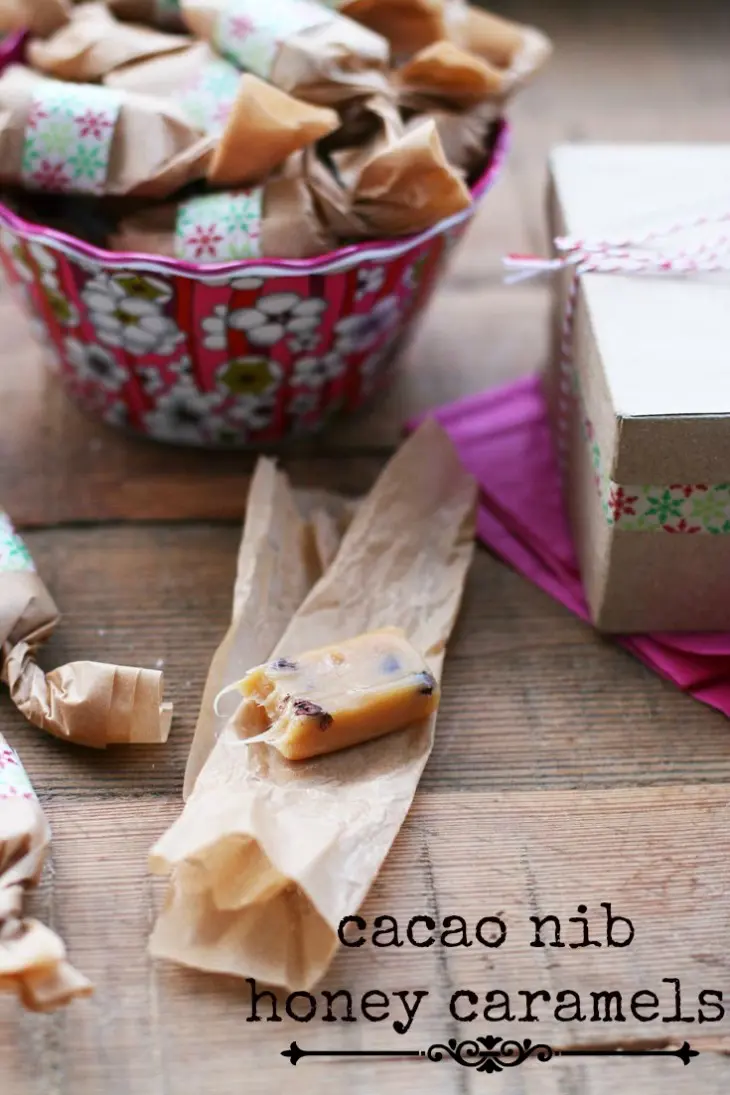 Make your own cacao nib honey caramels. Easy to make this delicious candy!