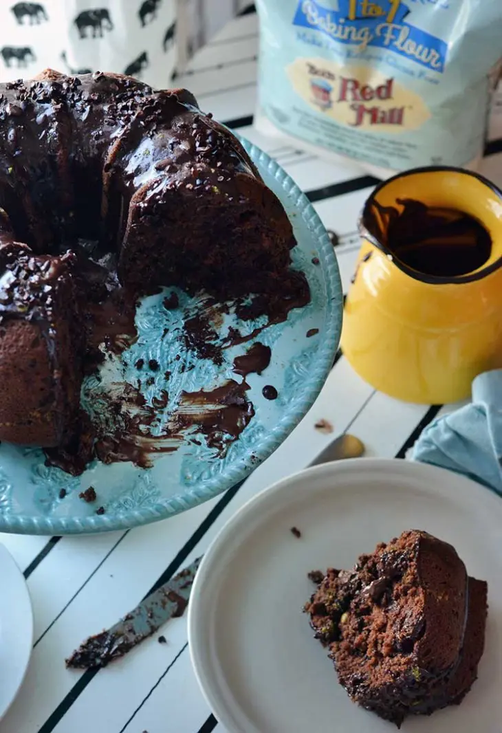 This gluten-free chocolate pistachio cake is made with dark chocolate and in a bundt pan for a great texture and unique flavor!