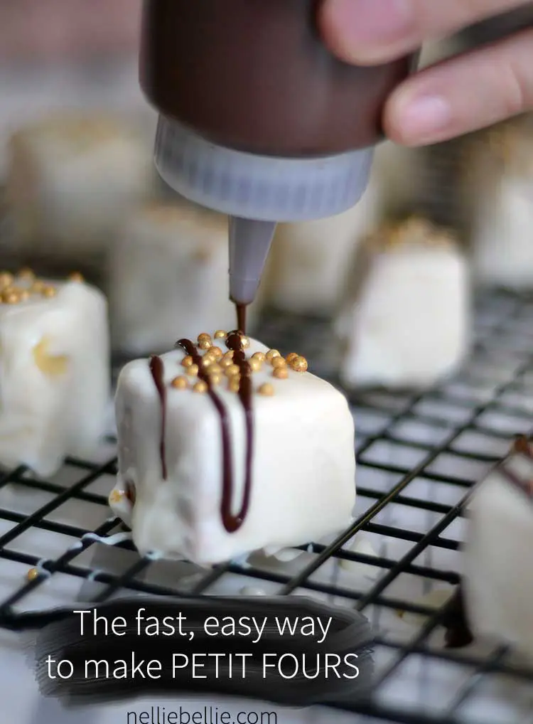 Easy petit fours using pound cake, a candy coating, and an easy trick.