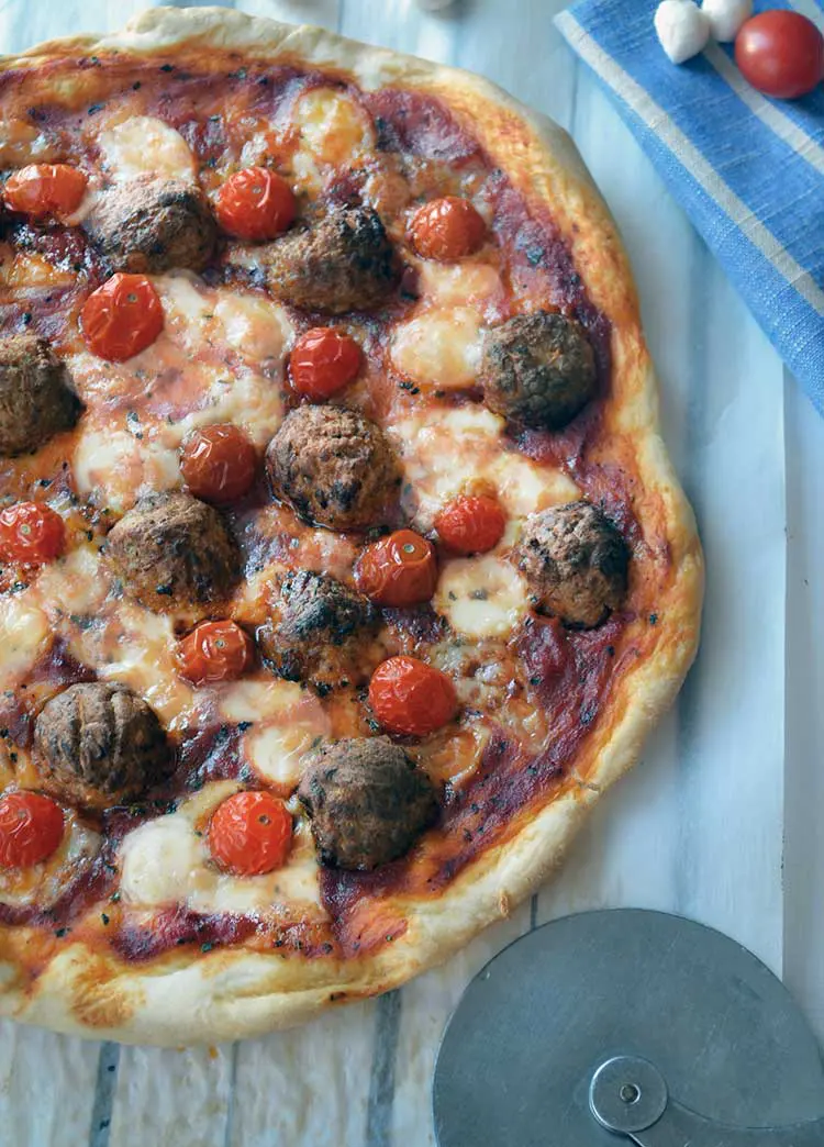 Meatball pizza recipe (we call it polka dot pizza in our house) is fast, easy, and delicious! A great recipe for family pizza night! #MeatballMasters #ad