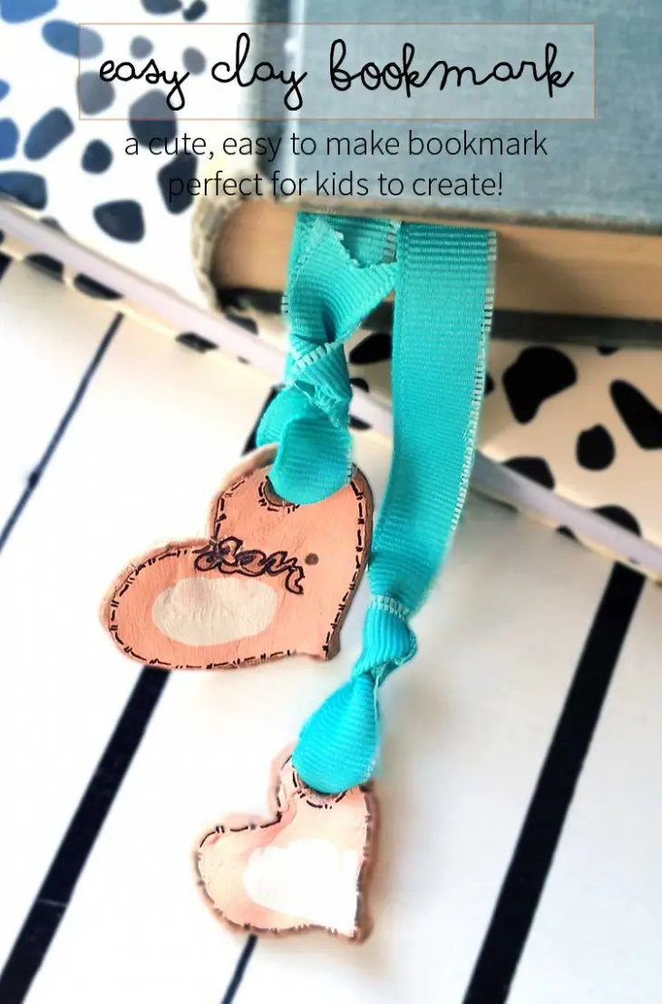 easy heart clay bookmarks. These are made with air-dry clay found at your local store. They are easy to make and great to personalize for Valentine's day with your child's thumbprint! Great idea for gifts.