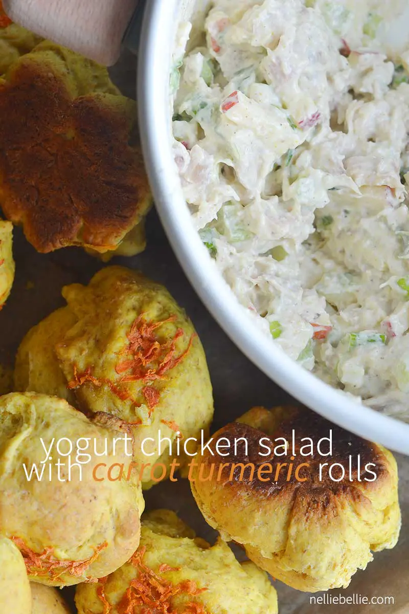 Yogurt chicken salad with carrot turmeric rolls. Complete recipes for both on nelliebellie.com Easy Chicken Salad Recipe