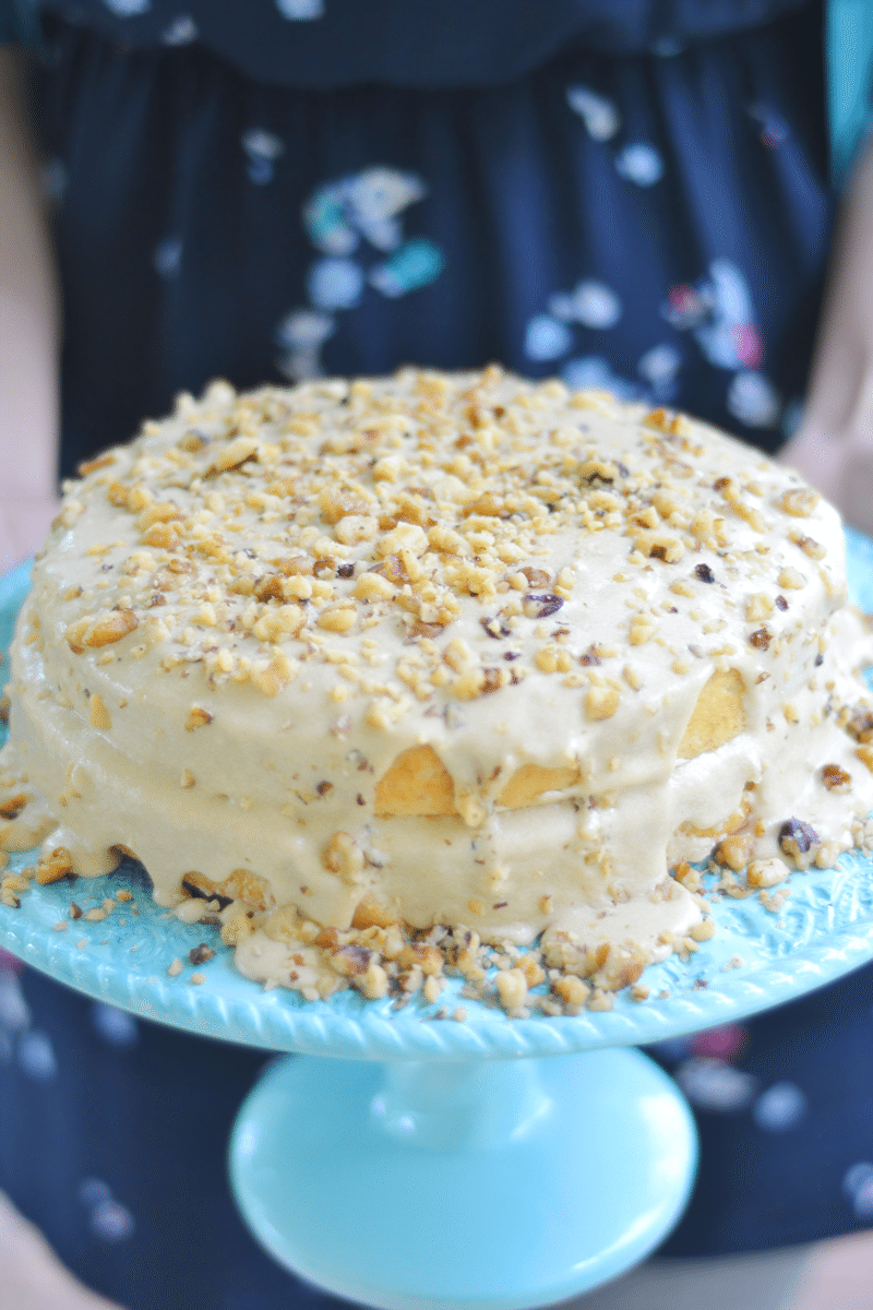 Dairy-free Banana Cake with Penuche, using @BobsRedMill flour and almond milk. #ad #yum