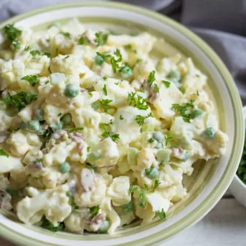 Cauliflower potato salad is delicious and easy to make! It tastes so much like the real thing you won't believe it!