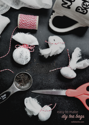 DIY tea bags are easy to make from muslin, scissors, and twine. All easy to find materials in your store's kitchen department.