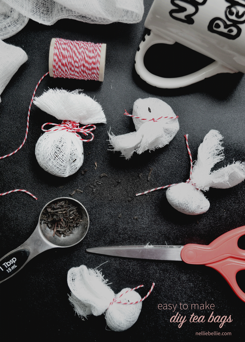 DIY tea bags are easy to make from muslin, scissors, and twine. All easy to find materials in your store's kitchen department.