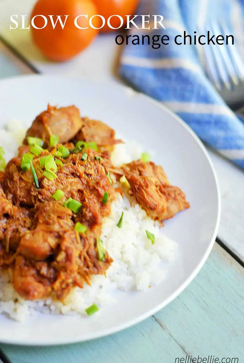 Slow cooker orange chicken with 5 minutes of prep time. A fix an forget it meal the family will love!