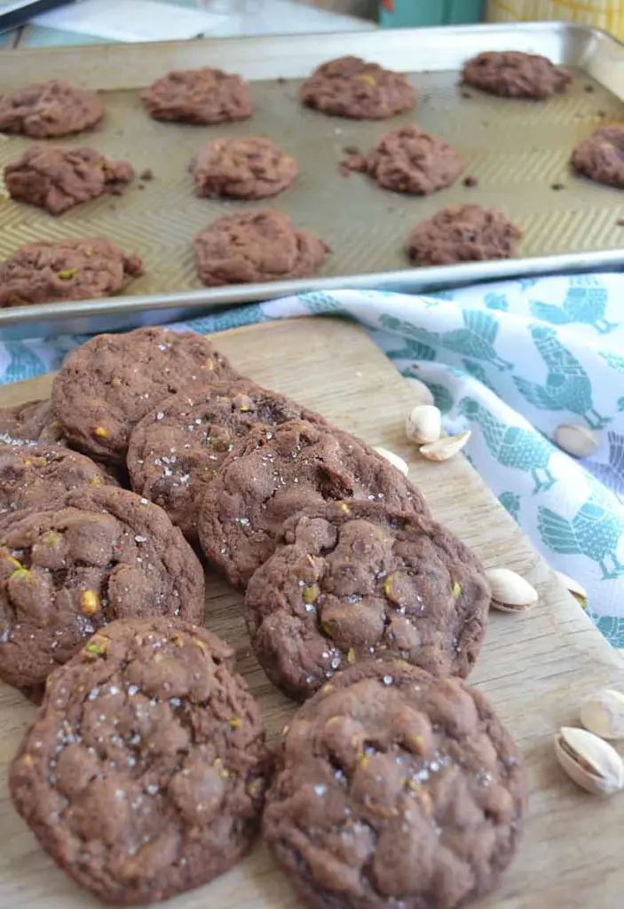 These easy salted chocolate pistachio cookies are the perfect combo of sweet and salty. Easy to follow recipe, and perfect for adults!