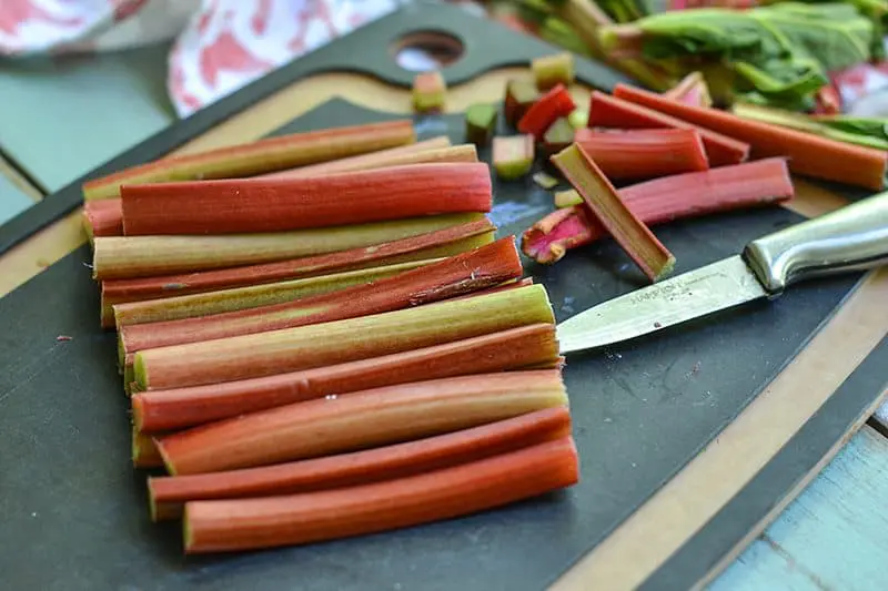 rhubarb being cut for a rhubarb tartlet