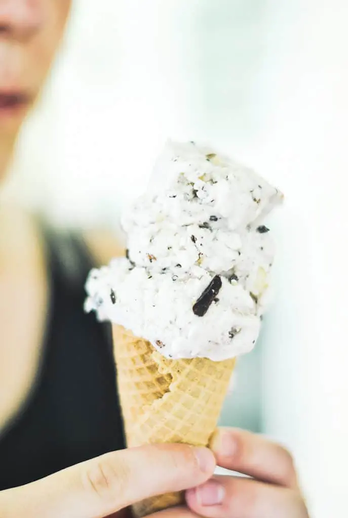 A delicious coconut milk ice cream with dark chocolate, almond, and toasted coconut mixed throughout.