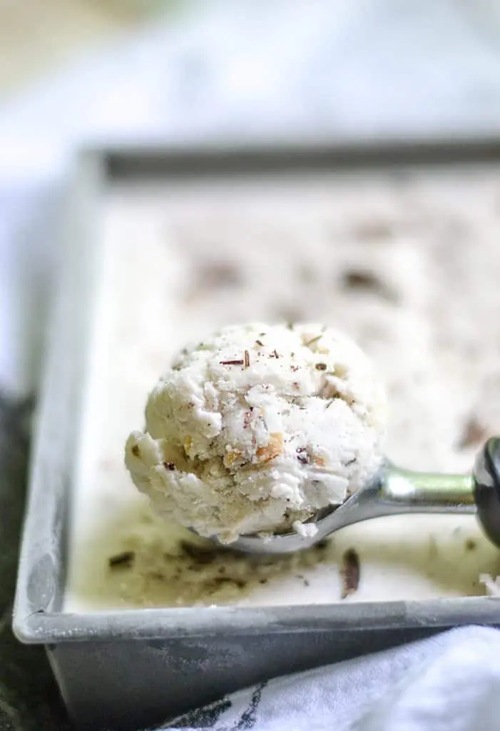 A delicious coconut milk ice cream with dark chocolate, almond, and toasted coconut mixed throughout.