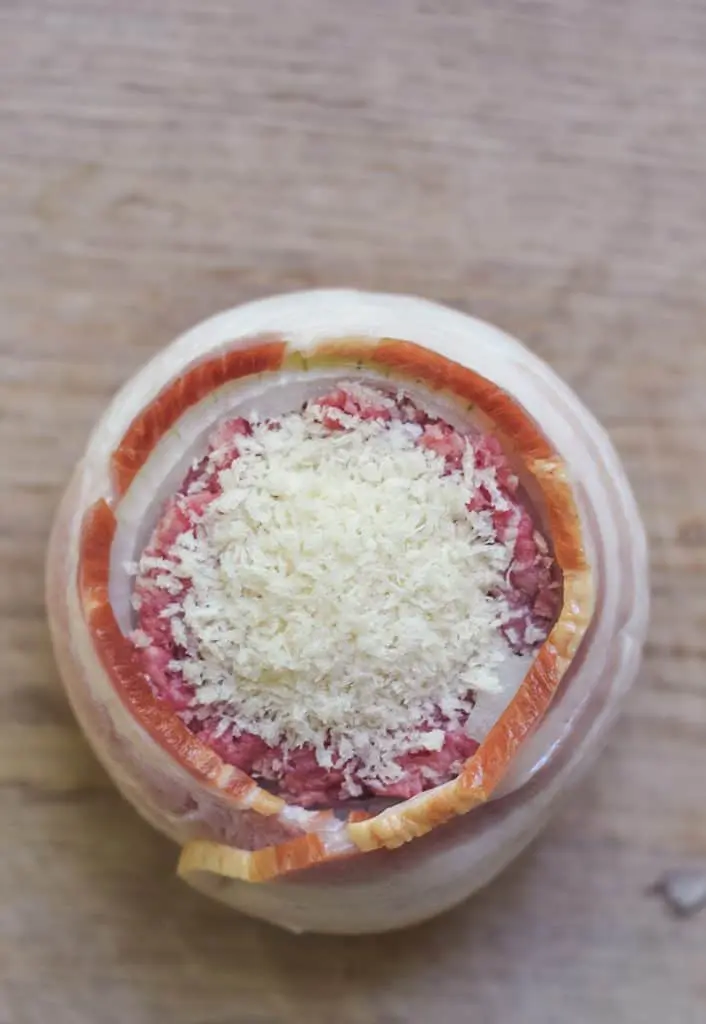 Stuff a Vidalia onion with ground beef and cheese. Then wrap it i n bacon and top it with Panko bread crumbs. Yummy!