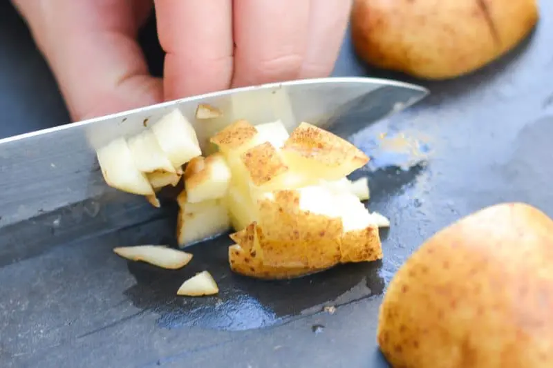 dicing potatoes for homemade cream of mushroom soup