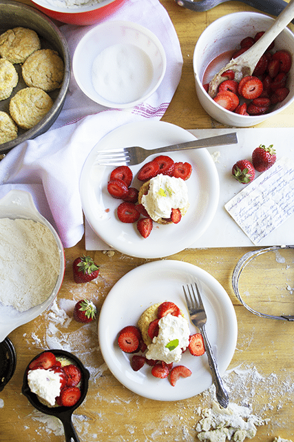 strawberry shortcake recipe. Old-fashioned biscuits with sweet strawberries and homemade whipping cream.