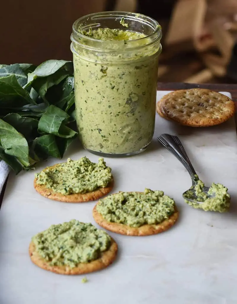 Collard greens and olives pesto recipe for a delicious and easy twist on the traditional basil pesto recipe!