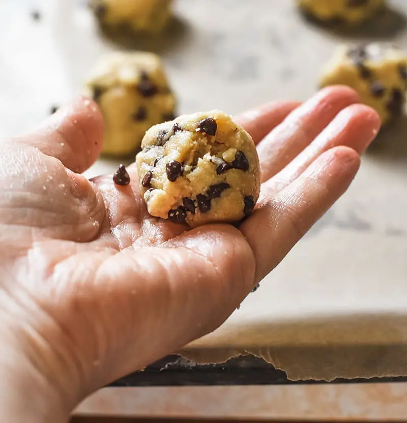 chocolate chip shortbread cookie dough in a ball.