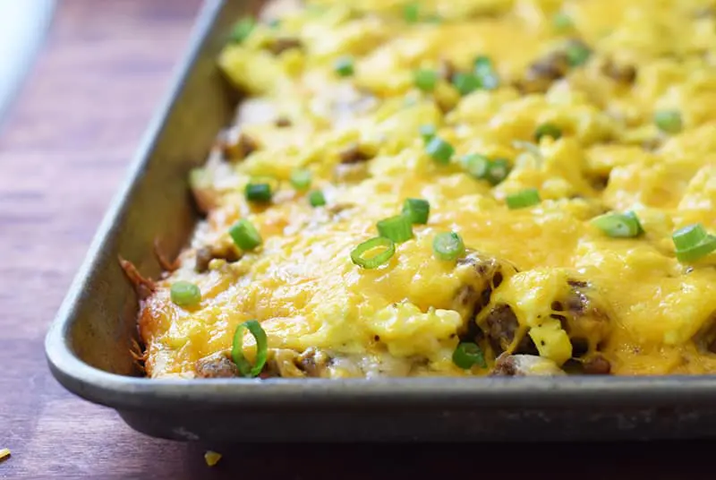 A pan of biscuits and gravy breakfast pizza.