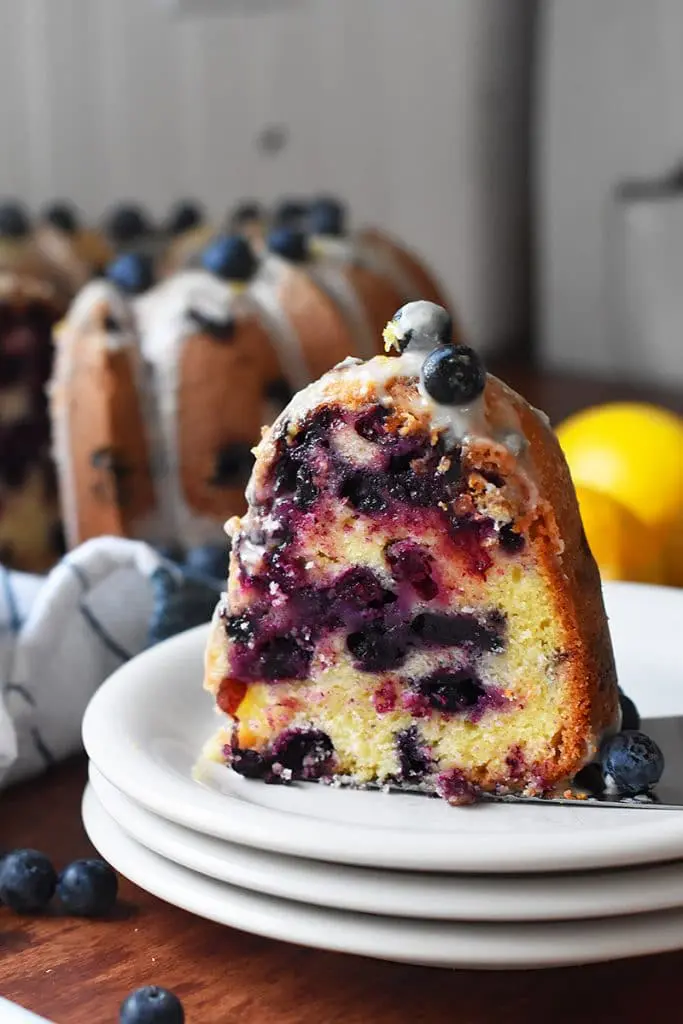 Lemon Blueberry Bundt cake slice on a plate