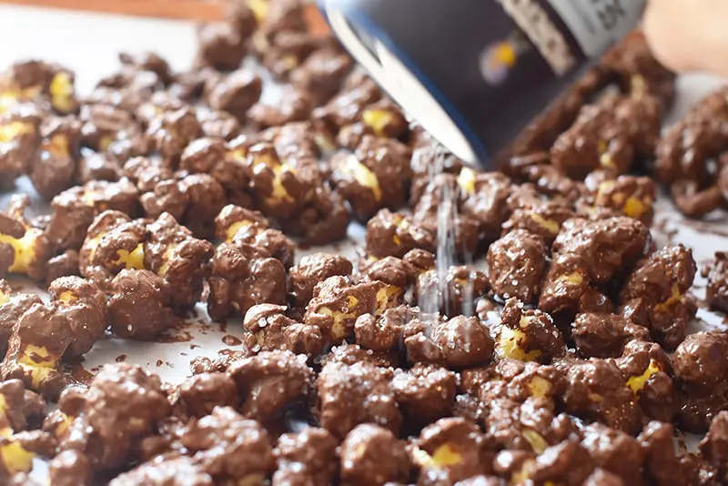 sea salt on almond bark puffcorn