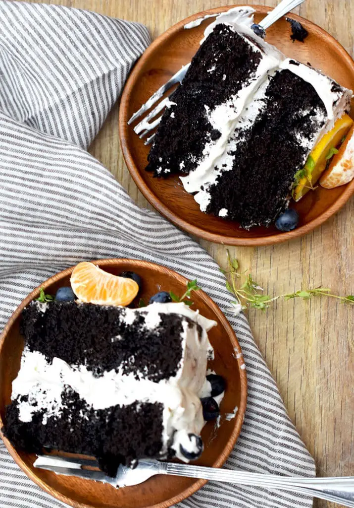 This is a homemade chocolate cake made with black cocoa and coffee. A deliciously grown-up cake.