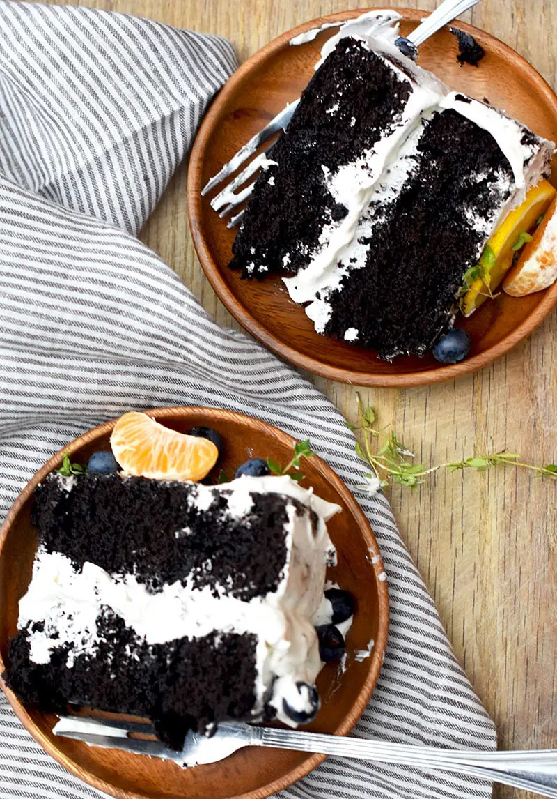 This is a homemade chocolate cake made with black cocoa and coffee. A deliciously grown-up cake.