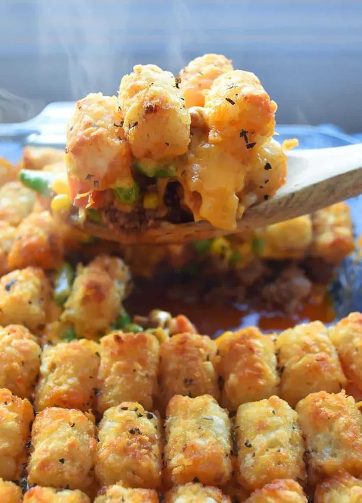 Tater tot casserole with sloppy joe sauce and cheese...soooo good!