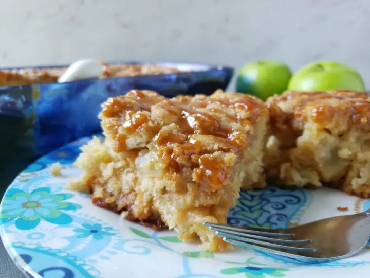 apple coffee cake on the plate with a fork