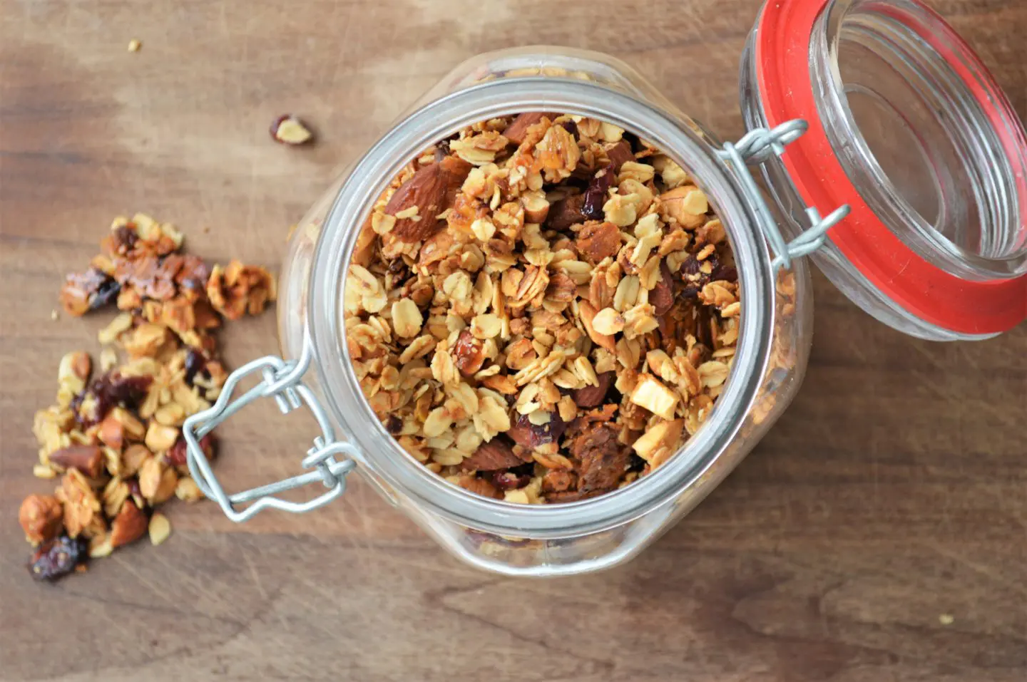 A jar of homemade cranberry nut granola.