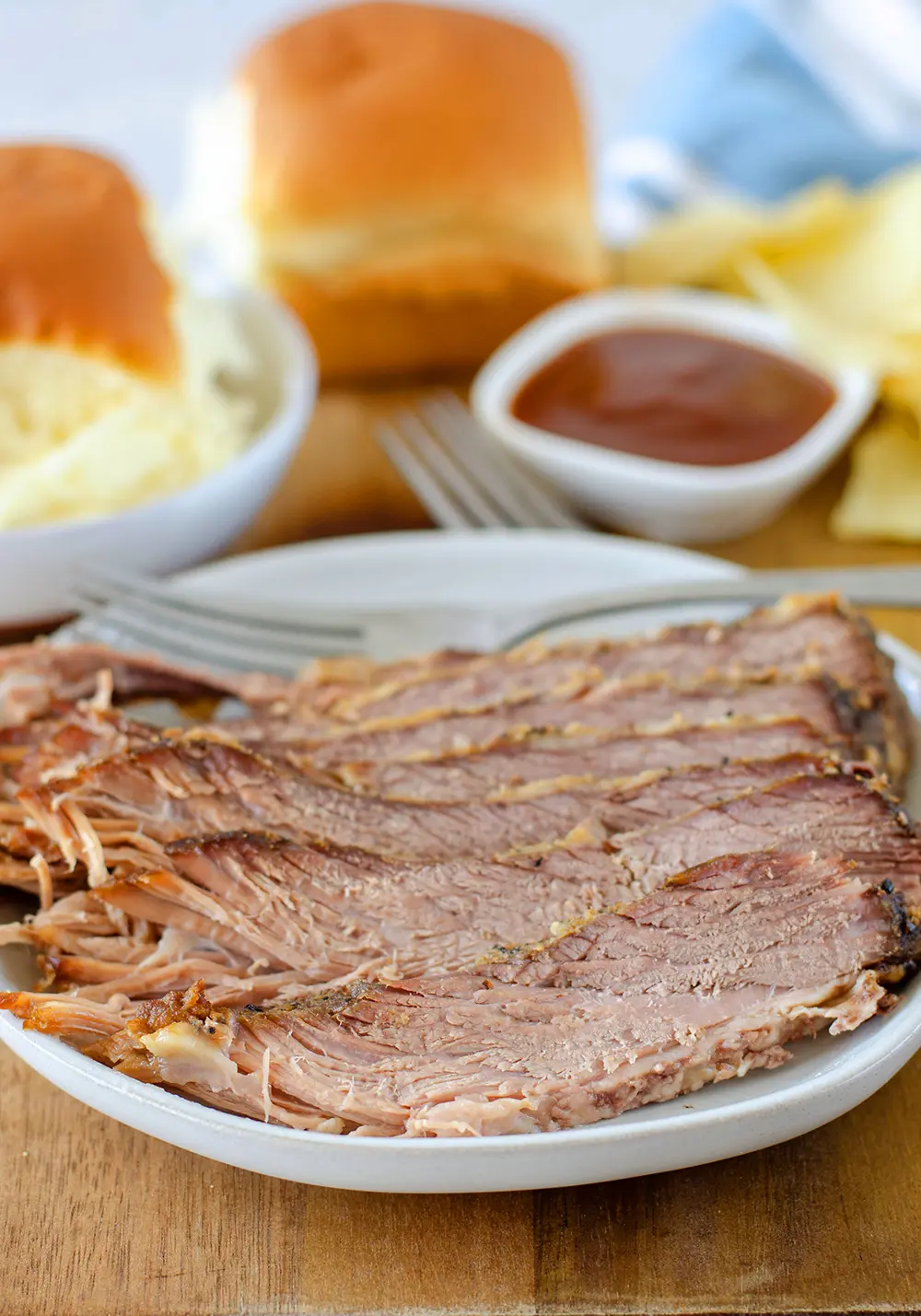 Slow Cooker Beef Brisket Recipe sliced on a plate