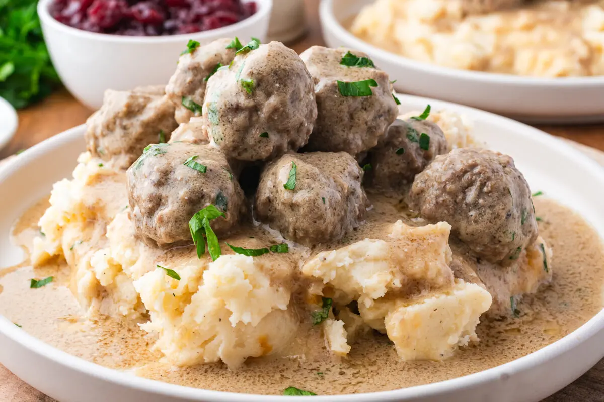 swedish meatballs on a pile of mashed potatoes