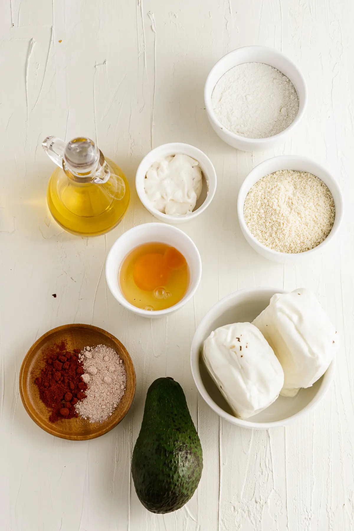 Ingredients for baked halloumi fries with avocado dipping sauce.