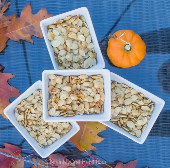 4 bowls of different kinds of pumpkin seeds.