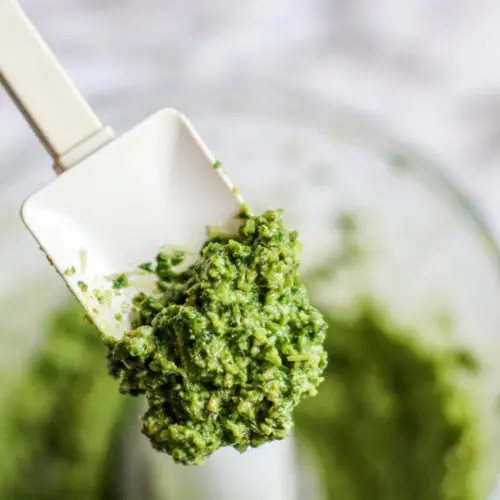 a spatula of fresh basil pesto