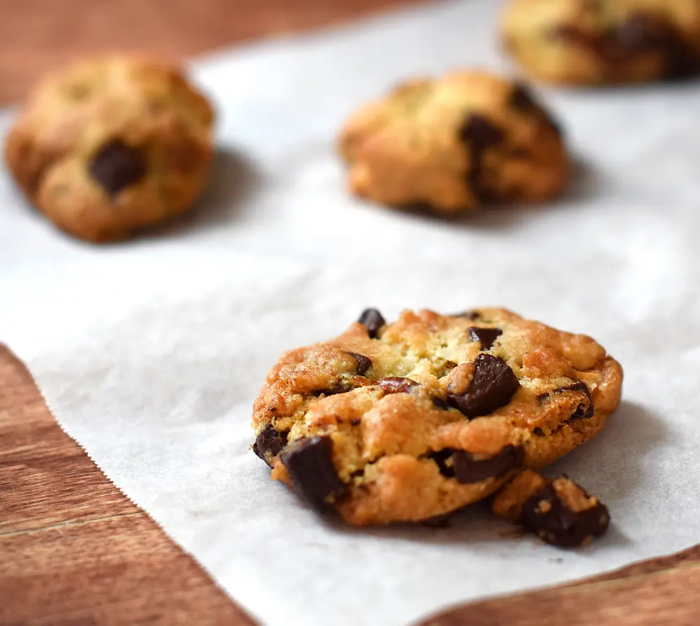Perfectly browned chocolate chunk cookie that was baked up in the air fryer.