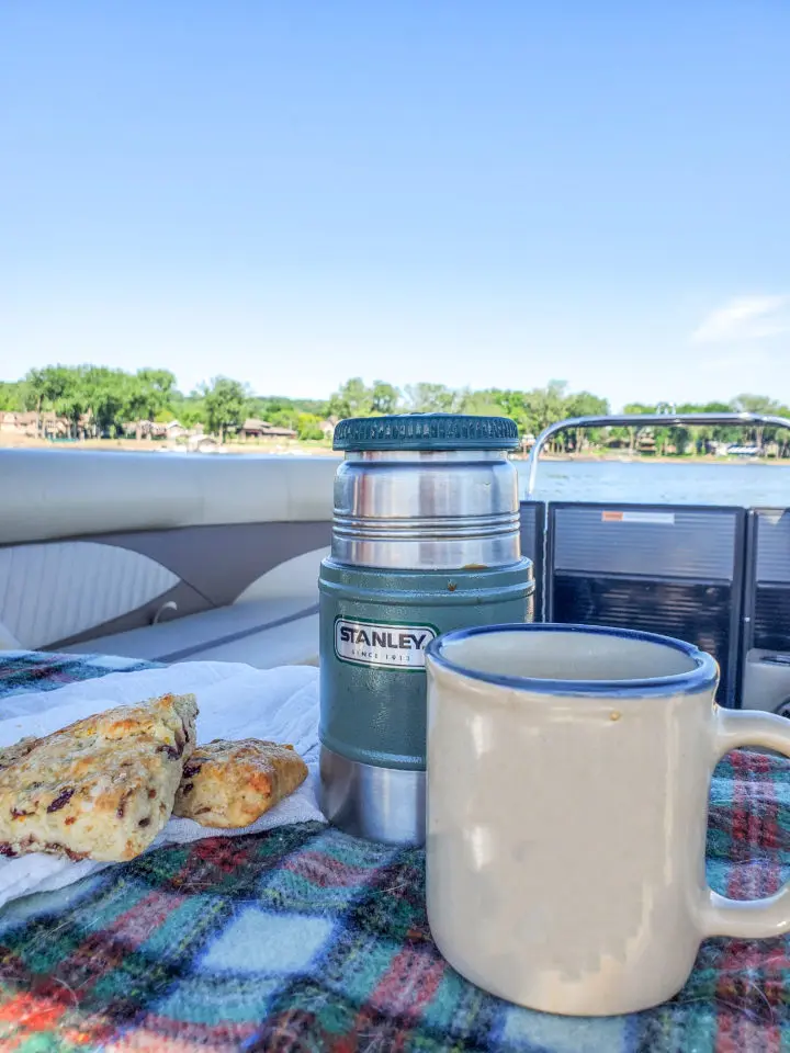 Coffee and scones on a pontoon on the St. Croix River
