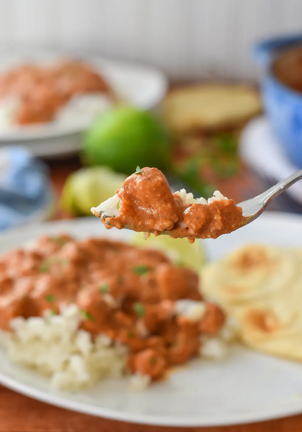 A fork holding a bite of Indian Curry chicken on rice