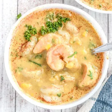 Corn and shrimp chowder in a bowl