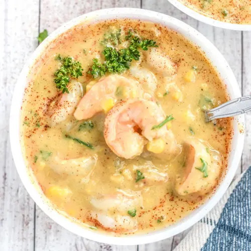 Corn and shrimp chowder in a bowl