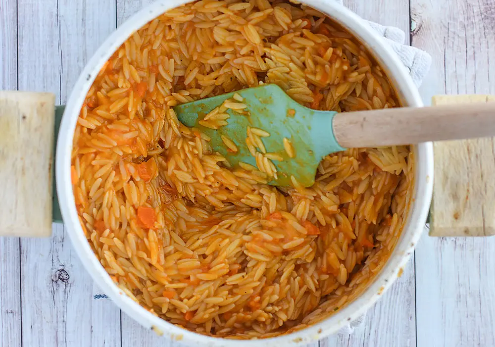 Orzo pasta with creamy sweet potato sauce