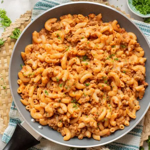 Taco macaroni and cheese in a skillet
