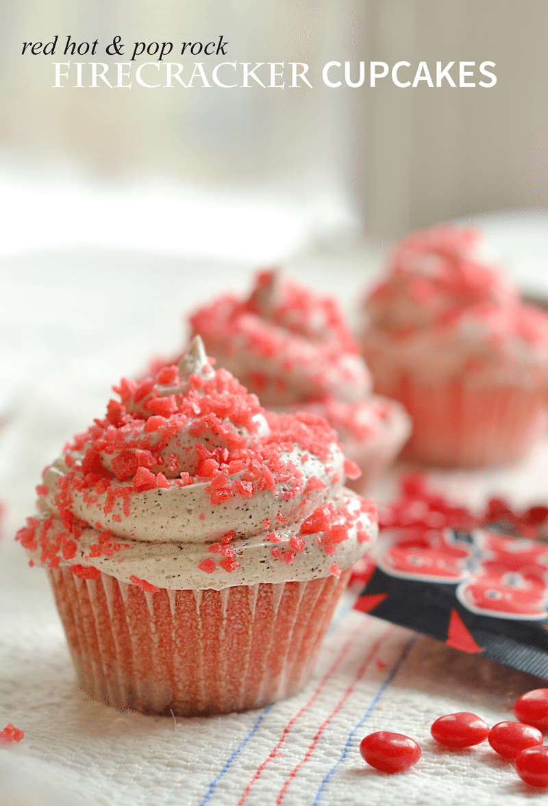 Firecracker cupcakes are fun and easy to make. Kids love these cupcakes made with red hots and pop rocks. A great patriotic cupcake for the Fourth of July