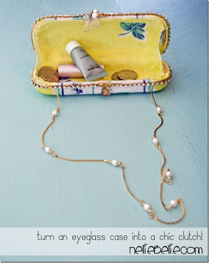 Make a clutch from an eyeglass case! Easy tutorial! This DIY clutch is a simple craft that repurposes an old eyeglass case into a chic purse. Simple!
