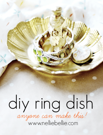 A diy ring dish that is so easy to make with a thrift store dish and knick-knack. And a ton of different types of knick knacks and dishes would work, so it can be replicated in a ton of variations. This would make a great gift!