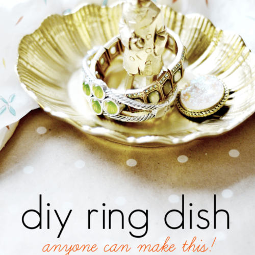 A diy ring dish that is so easy to make with a thrift store dish and knick-knack. And a ton of different types of knick knacks and dishes would work, so it can be replicated in a ton of variations. This would make a great gift!
