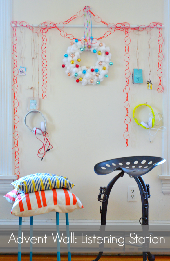 Advent Wall featuring a "Snowball" wreath made from cotton balls and dollar ornaments