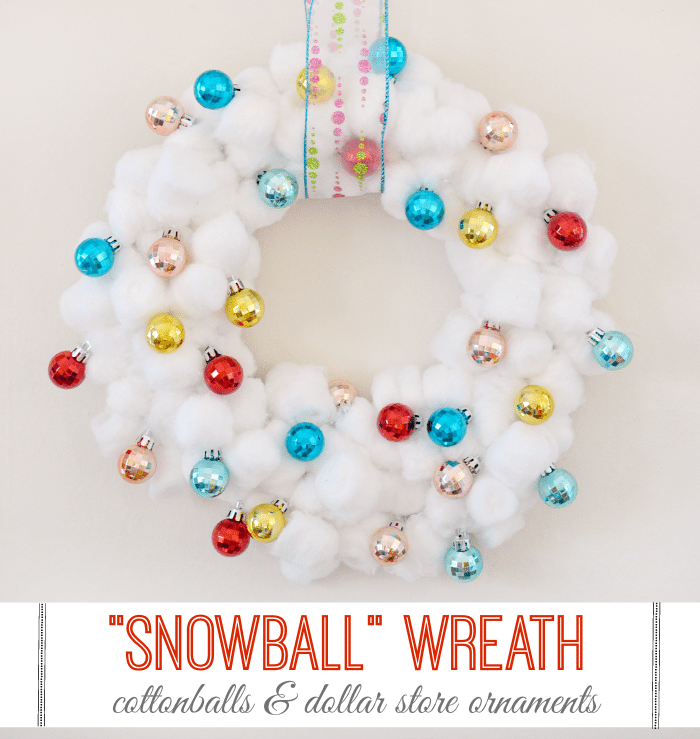 "Snowball Wreath" made from cotton balls and dollar ornaments.