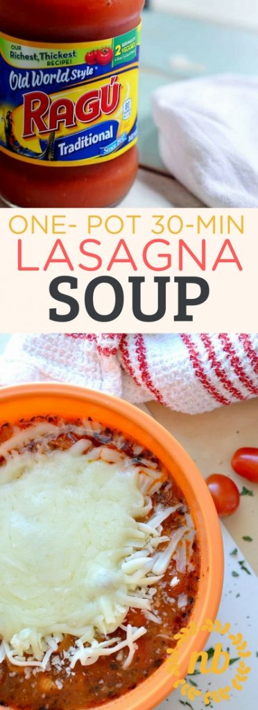 You'll have this easy lasagna soup on the table with simple ingredients, one-pot, and in less than 30 minutes! It will become a family favorite! Use a traditional ravioli or pasta to make it kid-friendly with fresh herbs and tomatoes for the ultimate in flavor!